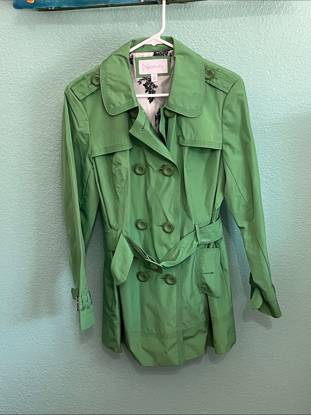 Relativity Green Double-Breasted Belted Trench Coat